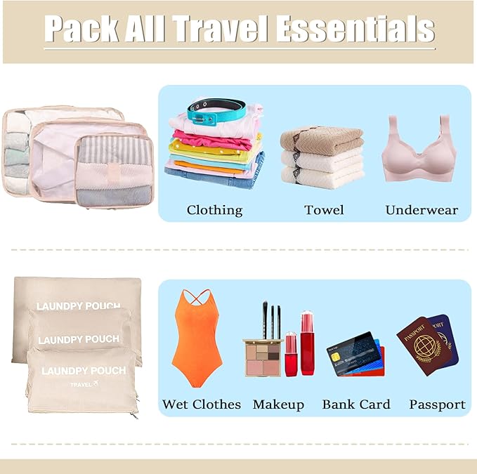 6 Set Packing Cubes for Travel Luggage Packing Bags Reusable Waterproof Suitcase Organizer Bags Set with Shoe Bag and Toiletry Bag (Beige‌)