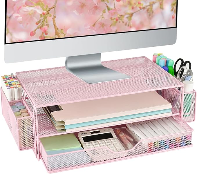 AUPSEN Computer Monitor Stands Riserï¼?-Tier Desk Organizers and Accessories, Office Desk Accessories Organizer with Drawers and 2 Pen Holder for Office Supplies (Pink)