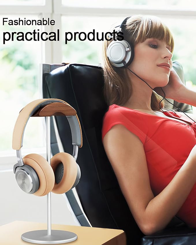 Headphone Stand, Aluminum and Wood Headphone Holder for Over Ear & On Ear Headsets – Heavy Duty Base Gaming Headset Stand with Non-Slip Pad, Desk Organizer for Home Office Studio Use (Silver)