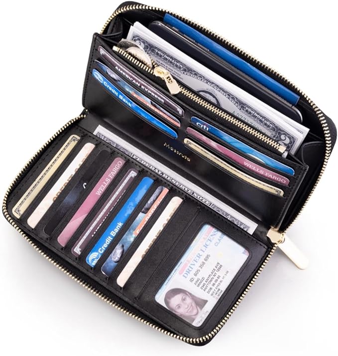 Luxury Real Leather Zip Around Travel Wallet | Large Capicity Card Holder Organizer | Classic Phone Clutch for Men Women (Black - Saffiano Leather)