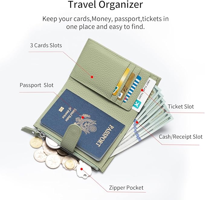 Passport wallet and Card Slot Combo RFID Blocking Slim Leather Travel Passport Wallet for Men and Women with Zippered Coins Pocket Passport holder, Light Green