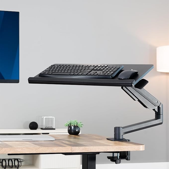 VIVO Sit-Stand 24 Inch Pneumatic Spring Keyboard and Mouse Tray Clamp-on Desk Mount, Counterbalance Height Adjustable Typing Platform, Ergonomic Tilt, Black, MOUNT-KB35CP