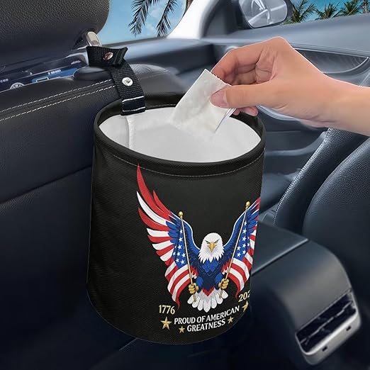 250TH Anniversary of America Flag Eagle Car Front Seat Can Foldable Auto Console Center Back Seat Garbage Container Bag Kitchen Rubbish Bin Fashion Vehicle Organization Basket