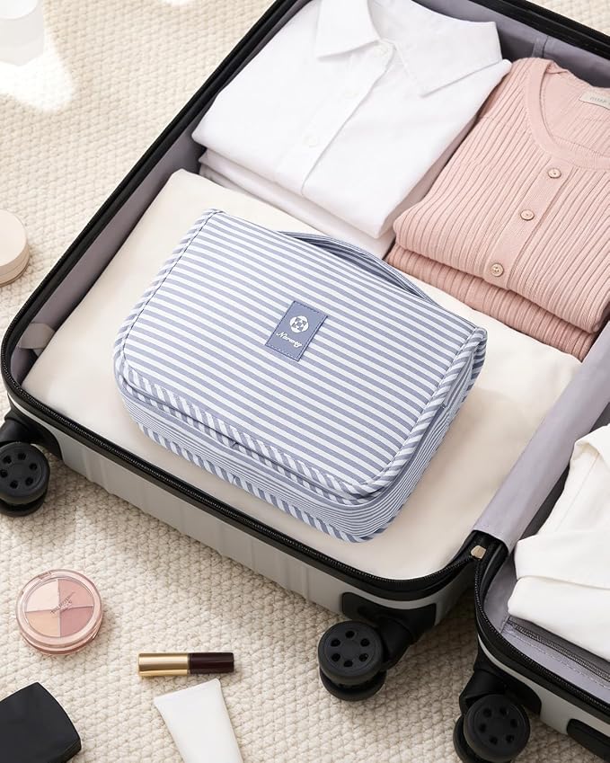 Narwey Small Hanging Toiletry Bag for Travel Women Girl, Striped Toiletries Travel Bag with Hook, Hanging Makeup Bag Organizer Make Up Cosmetic Bags, Gifts for Kids Teen (Greyish Blue Stripe)