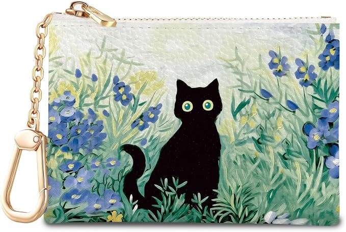 Black Cat Art Painting Keychain Coin Purse for Women, Small PU Leather Change Pouch, Zipper Little Tiny Travel Wallet for Girls, Cute Kawaii Zip Pocket Coin Holder with Key Ring