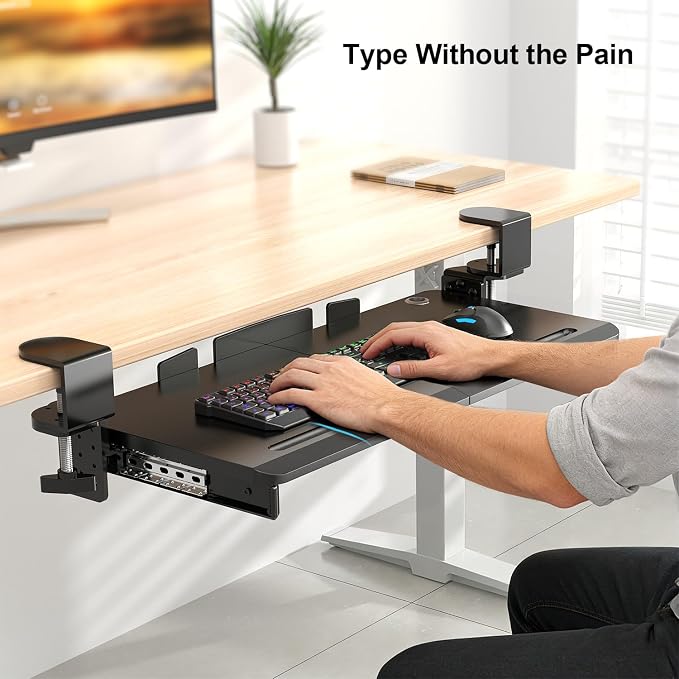 Supcline Keyboard Tray Under Desk with 60° Swivel C-Clamp & Height Adjustment for Corner Desk, 25.6 x 11.8 in Slide Out Keyboard Mouse Platform for l-Shaped & L-Shaped Table, Pull Out Keyboard Drawer