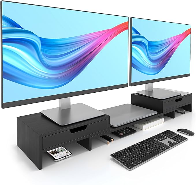 Epesoware Dual Monitor Riser with Two Drawers for Desk, Bamboo Monitor Stand Riser with Storage, Desk Shelf for Computer, IMac & Laptop, No Assembly Required, Black