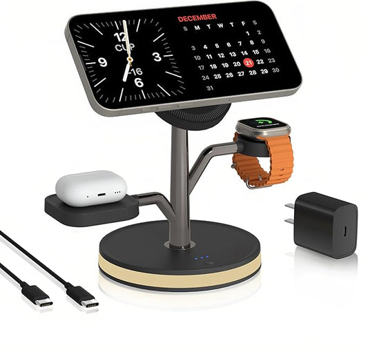 3 in 1 Charging Station for Apple Devices, Fast Charging Magsafe Charger Stand with LED Light and 20W PD Adapter, Wireless Nightstand Charger for iPhone17/16/15/14/13/12 Series,AirPods,iWatch and More