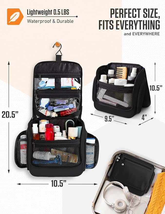 VENTURE 4TH Hanging Travel Toiletry Bag for Women & Men – Large Toiletry Organizer with 18 Compartments, Removable TSA Pouch, Travel Wash Bag for Toiletries, Makeup & Shaving Kit (Black)