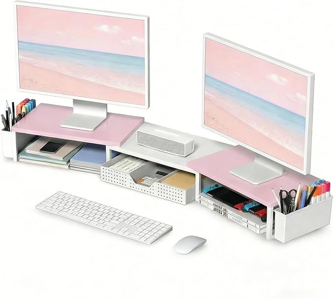 OPNICE Desk Organizers and Accessories, Dual Monitor Stand Riser with Drawer and 2 Pen Holders, Desk Shelf Wood Computer Racks for Office Workspace Organizers, Desktop Organization (Pink-White Wood)
