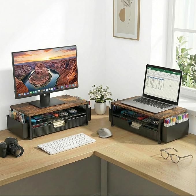 ECOLOVI Desk Organizer and Accessories, 2-Tier Computer Monitor Stand Rise with Storage Drawer & 2 Pen Holders, Laptop & Printer Stand for Desktop, Workspace Organizers for Office Supplies (Brown)
