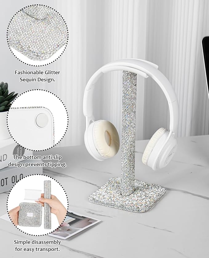 Silver Rhinestone Headphone Stand – Bling Crystal Headset Holder for Y2K Gaming Desk Setup – Sturdy Weighted Metal Base with Soft TPU Rest – Sparkly Luxury Gift for Women & Teen Girls (Silver)