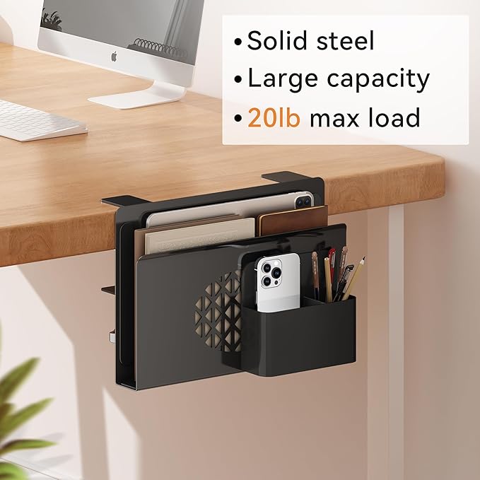 Desk Side Storage, Metal Laptop Holder with Magnetic Pen Box, Clamp-On Under Desk Organizer with Cooling Holes & Anti-Scratch Pads for Office and Home (Black)