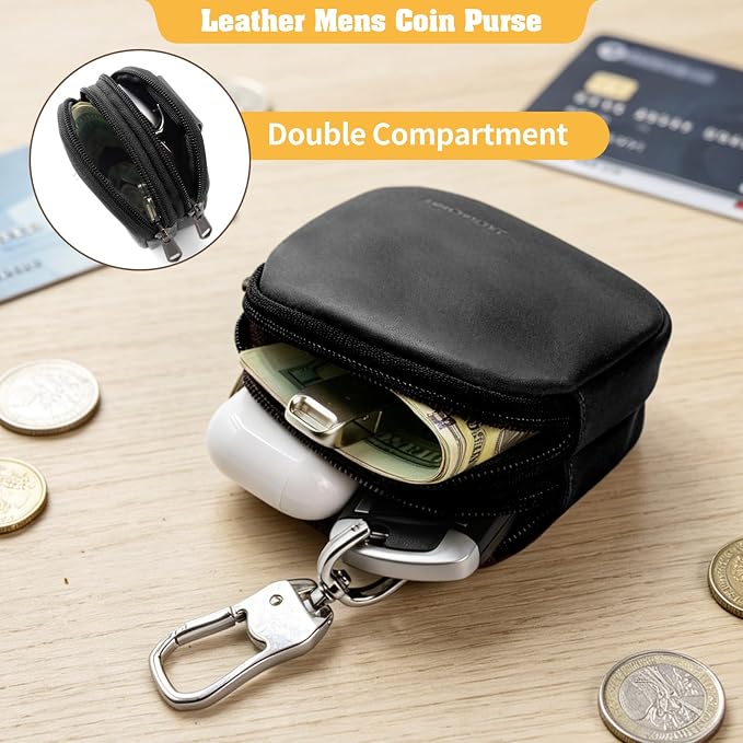 Jack&Chris Coin Purse for Men, Genuine Leather Mini Coin Wallet Zipper Pocket with Back Belt Loop, Coin Bag for Men