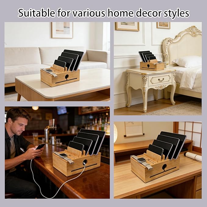 Bamboo Charging Station Organizer for Multi-Devices with Tray, Nightstand Desk Electronic Organizer Stand for Cell Phone, Tablet, Etc (with 5-Cable, No USB Charger)