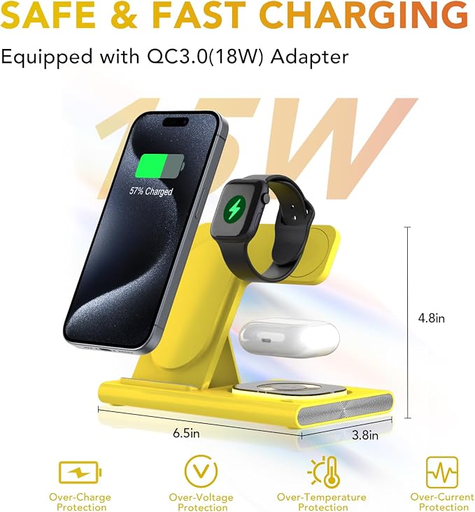3 in 1 Charging Station for iPhone 17 - Wireless Charger for Apple Products for iPhone 17 16 15 14 13 12 11 Pro Max - Foldable Wireless Charging Station Dock Stand for iWatch Series & AirPods(Yellow)