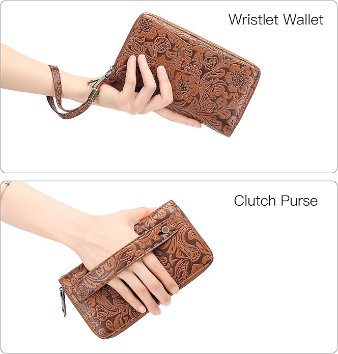 GOIACII Women's Wallet Wristlet Ladies Phone Purse RFID Blocking Large Card Holder Double Zip Grip Strap Vegan Leather