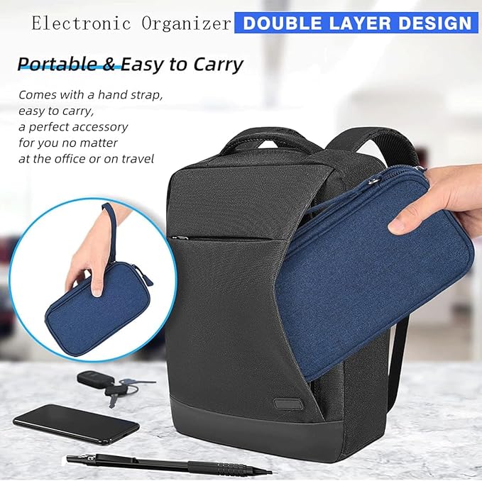 CAAORDKSO Electronic Bag Travel Cable Accessories Bag Waterproof Double Layer Electronics Organizer Portable Storage Case for Cable, USB, Cord, Charger, Phone, Power Bank, Earphone (Navy Blue, Large)