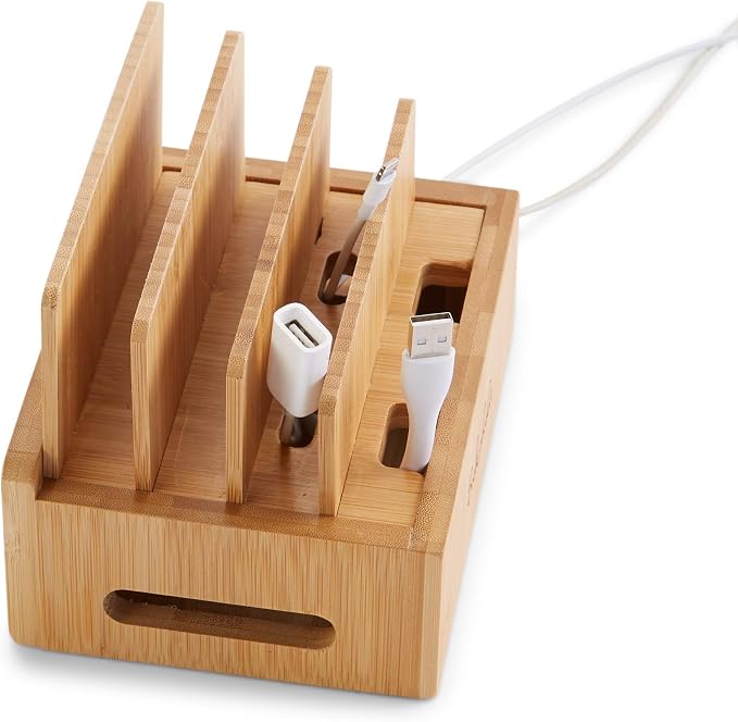 Bookaholic Bamboo Multi-Device Charging Station & Organizer - Rustic Elegant Desktop Dock for Smartphones, iPhone, iPad & Tablets - USB Compatible - Eco-Friendly