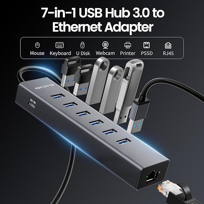 4FT USB to Ethernet Adapter, 7-in-1 USB Hub 3.0 Multiport Adapter with Ethernet 1Gbps & 6 USB 3.0 Port, USB Ethernet Adapter for Desktop, Laptop, MacBook, XPS Windows