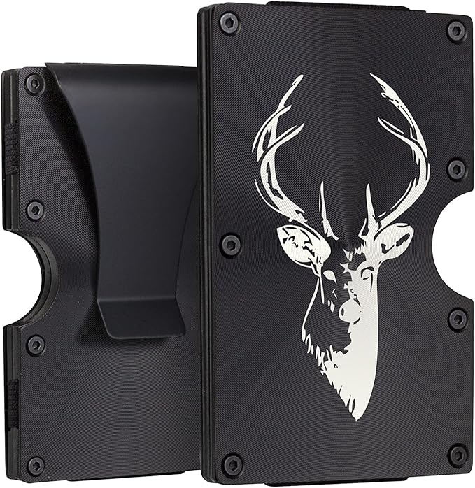 awofer Carbon Fiber Wallets for Men RFID Minimalist Money Clip Aluminum Metal Wallet Engraved Deer Gift Idea for Him Dad Son Husband Gifts-Black