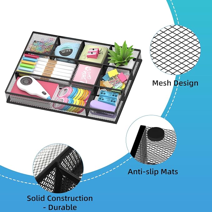 SUPEASY 2 Pack Mesh Drawer Organizer, Metal Desk Drawer Organizer Tray with 8 Adjustable Compartments, Desk Organizers and Accessories for Office Supplies, Kitchen, Makeup & Vanity (Black)