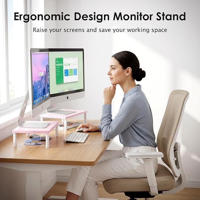 ECOLOVI 4-Height Adjustable Wood Computer Monitor Stand Riser, Desktop PC Printer Laptop Stand for Desk Organizer and Accessories, Office Desk Decor & Accessories for Women, Pink
