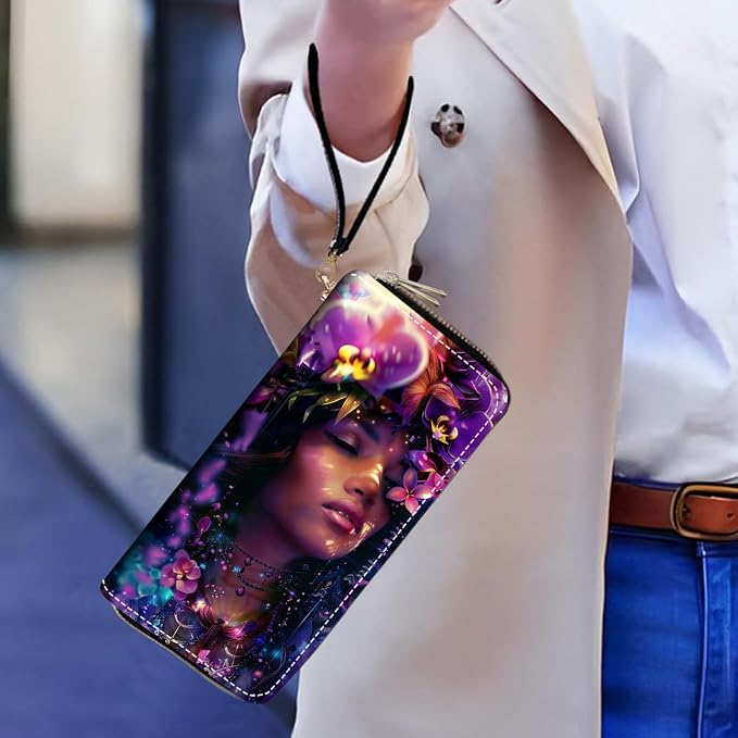 Women's Large Capacity Wallet PU Leather Double Zipper Clutch Purse Multifunctional Wallet with Removable Wristlet Strap for Smart Phone/Coin/Card/Cash, Floral Wreath Women