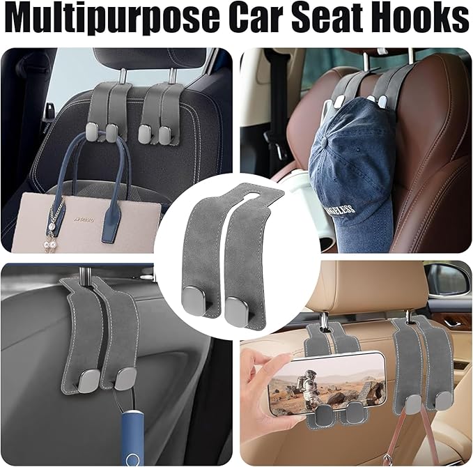 TwinHook Leather Car Headrest Hangers, Car Headrest Hooks for Purse and Bags, 2-in-1 Leather Car Seat Back Storage Hook, Anti-Slip Purse Holder for Car, Supports Up to 50 lbs (Gray-2 Pack)