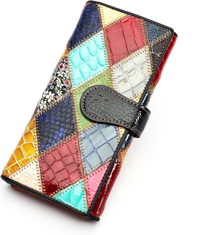 MASIWEI Genuine Leather Patchwork Wallet for Women Multicolor Trifold Wallets Ladies Card Holder Money Organizer with Coin Purse