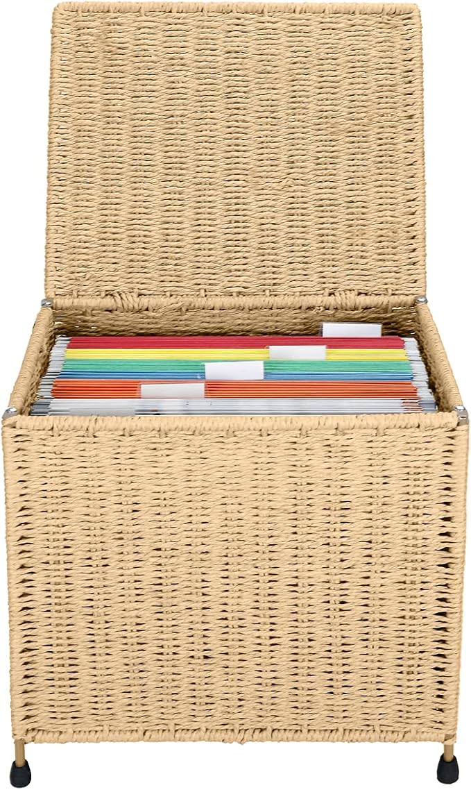 URFORESTIC Seagrass File Filing Cabinet File Box Organizer | Collapsible Letter Size Hanging File Box Organizers with Lid | Decorative Seagrass Filing & Storage Office Box | Letter Size (Natural)