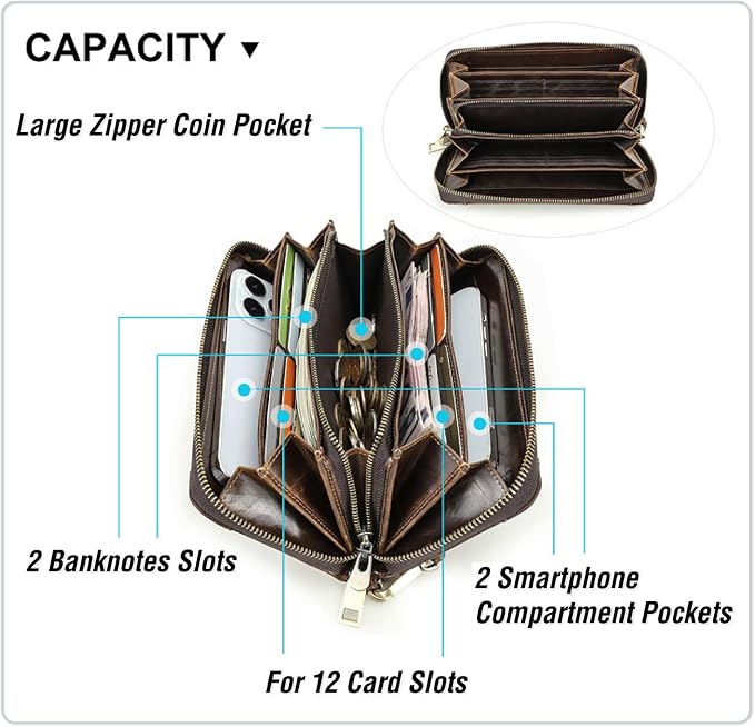 Top Grain Genuine Oiled Leather Clutch Wallet for Man & Woman, Handmade Vintage Design, Multi Pockets & Slots & Detachable Wristlets, RFID Large Capacity for Cards/Checks/Money/Passport, Red Coffee