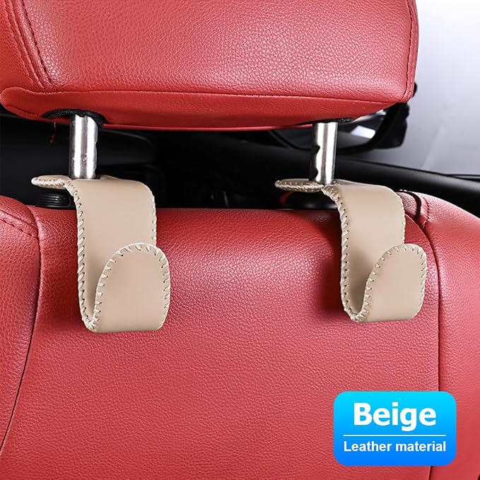 Zpana Car Headrest Hooks, 2PCS Leather U-Shaped Vehicle Purse Storage Hanging Holder for Purses Bags Coats, Automotive Seat Back Storage Organizer Hanger Accessories, Universal Fit (Beige)