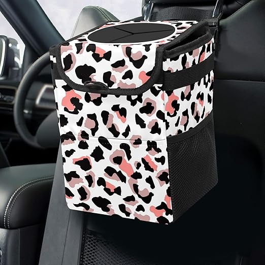 Car Trash Can Leopard Print White Pink Wate-rproof Auto Garbage Bag Car Trash Can with Lid Leak-Proof Car Storage Bag Hanging for Headrest Collapsible and Portable with Storage Mesh Pocket