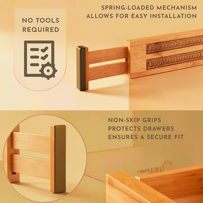 Expandable Bamboo Drawer Dividers 8 pack with labels(17"-22") Drawer Organizer for Kitchen, Clothes,Utensils,Silverware,Dresser,Office,Desk