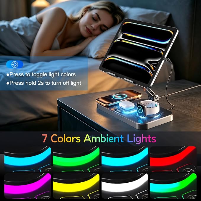 Magnetic Charging Station for Apple Multiple Devices, Wireless Charger with Clock & Light, Foldable Wired Charging Stand for iPad/Tab, Mag-Safe Charger for iPhone 17, for Apple Watch for AirPods