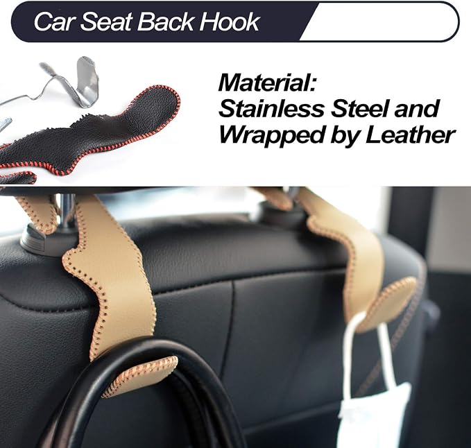 MECHCOS Car Seat Headrest Hooks for Car Back Seat Organizer Hanger Storage Hook Holder for Car SUV Organization Purse Shopping Groceries Bag Handbag, Beige, 2 Pack