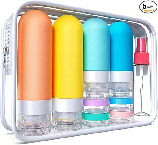 Laxen 5 Pack Travel Bottles for Toiletries with Labels, 90ml/3.0oz Silicone Travel Bottles Set with Zipper Toiletry Bag, Leakproof Refillable Squeeze Travel Size Containers (16 Pack Yellow)