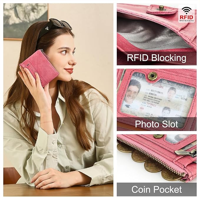 CONTACTS Soft Leather Wallet for Women Small Bifold Coin Purse Double Zipper Card Holder with RFID Blocking (Watermelon Red)