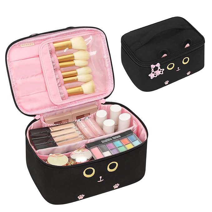 OCHEAL Makeup Bag,Travel Makeup Organizer Bag, Cute Cosmetic Bags for Women Girls Travel Toiletry Bag Traveling With Brush Slot And Divider-Cat