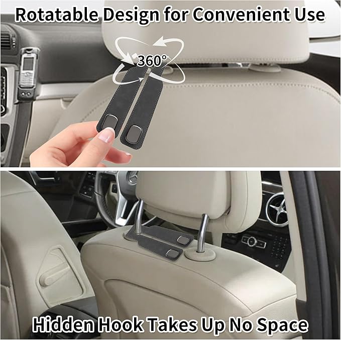 vidonio 2 Pack Double Car Seat Hooks for Headrest, Rotatable Purse Holder for Car, Premium Leather Car Hooks for Purses and Bags, Headrest Hooks and Storage Accessories (Grey)