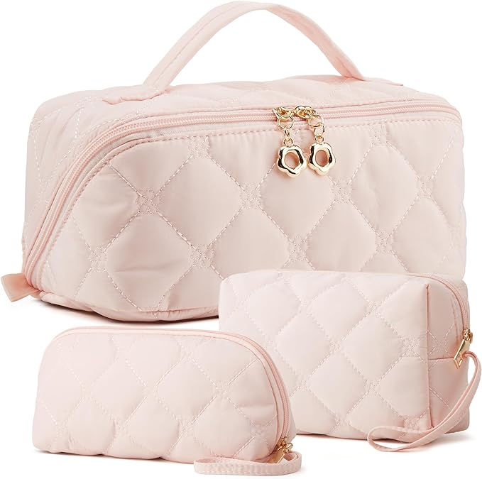 YTL Travel Makeup Bag, Puffer Cosmetic Bag for Women, Waterproof Puffy Padded Make Up Bags, Flat Open Portable Organizer Case Toiletry Bag Pouch Purse for Skincare, Brushes & Travel Essentials