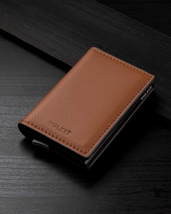 VULKIT Credit Card Holder RFID Blocking Leather Automatic Pop Up Wallet Aluminum Pocket Business Card Case