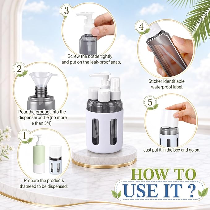 5 Pack 4 in 1 Travel Bottles Set Bulk, Leak Proof Travel Containers for Toiletries with Spray Bottle, Lotion Bottle and Flip Cap Bottles, Portable TSA Approved Trip Accessories