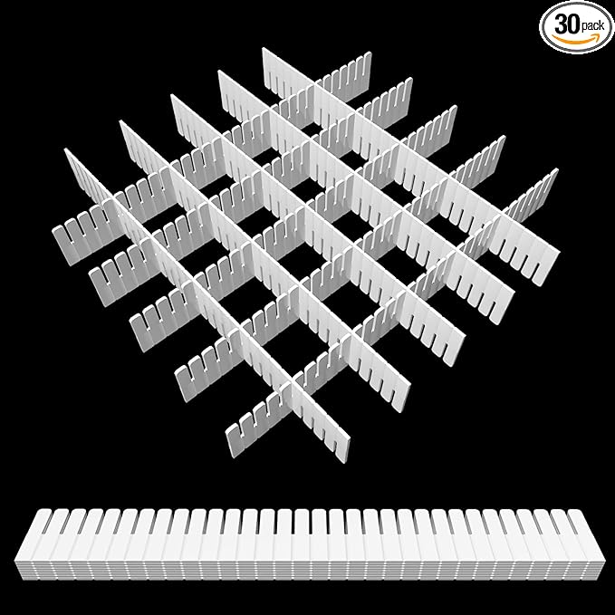 30Pcs Adjustable Drawer Organizer, White Plastic DIY Grid Drawer Dividers, 15.75x1.97x0.1in, for Socks, Underwear, Makeup, Cosmetic, Clothes