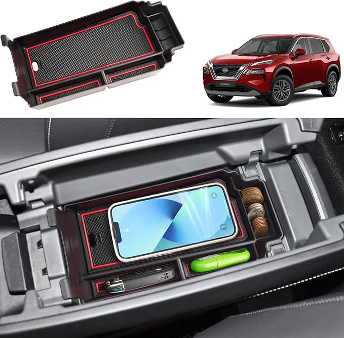 2021-2025 2026 Rogue Center Console Organizer for Nissan Rogue (S/SV/SL/Platinum/Rock Creek/Dark Armor), Durable ABS&Anti-Slip Rubber Console Tray Insert 2026 2025 Rogue Accessories (Red)