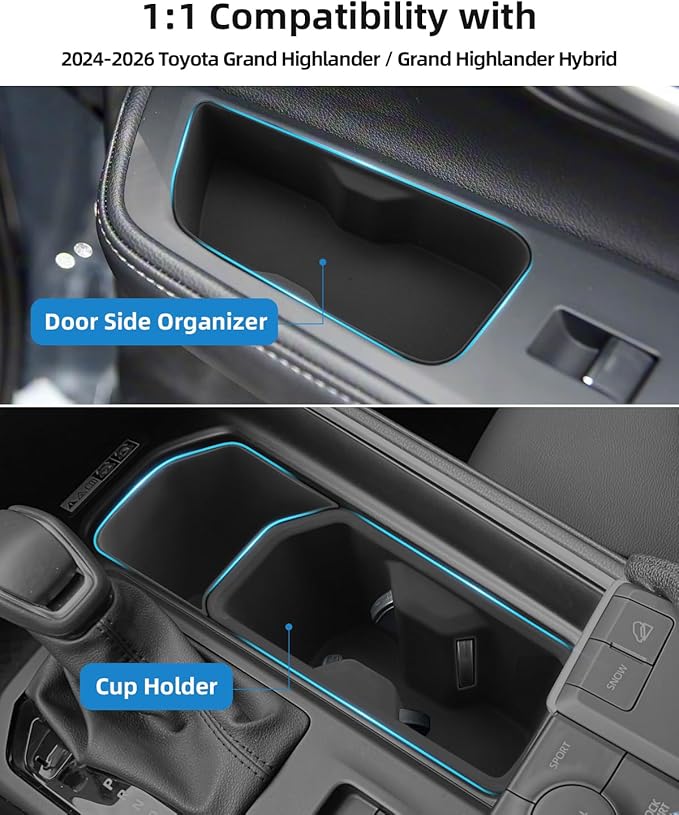 Silicone Center Console Cup Holder & Rear Door Storage Box for 2024–2026 Toyota Grand Highlander/Grand Highlander Hybrid, Interior Organizer Accessories (4PCS)