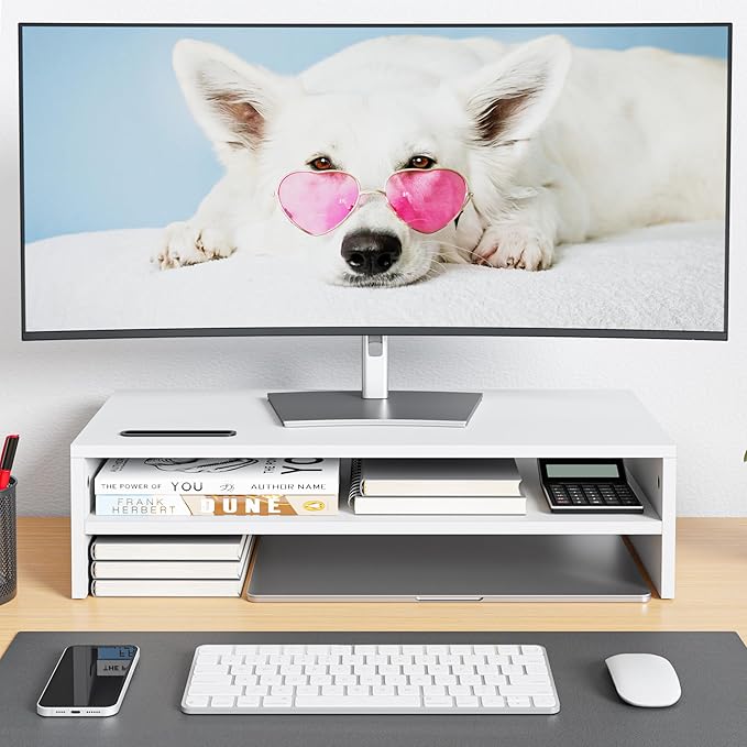 BONTEC Wood Monitor Stand Riser, 2-Tier Desktop Organizer with Storage, Ergonomic Computer Stand for Desk, Cable Management, Cellphone Holder, 21.3 Inch Shelf, White