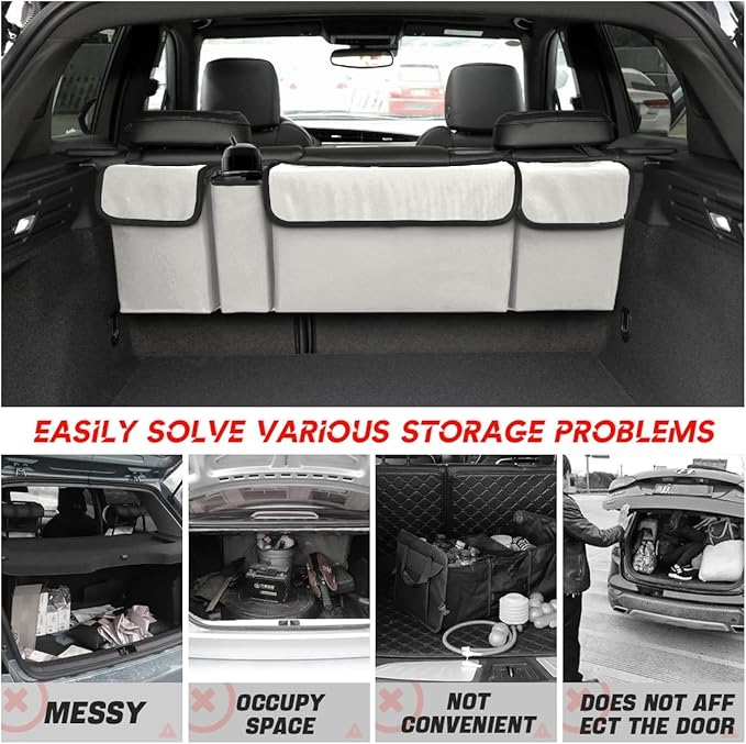 BELOMI Car Trunk Organizer, Auto Waterproof Sturdy Backseat Hanging Large Storage Collapsible Cargo Bag with Anti-Slip Adjustable Strip &4 Pockets, Vehicle Interior Accessories (White/Gray)