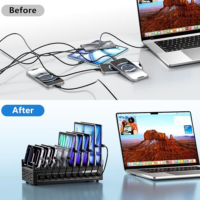 200W Charging Station for Multiple Devices, 10-Port USB Fast Charger Station,Desktop Multi Charging Station Hub Compatible with Samsung/iPhone/iPad/Google Pixel/Tablets and Other USB Electronics